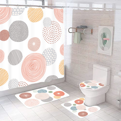 Set 4 piese baie, husa capac, covoras toaleta, covoras de baie, perdea de dus, model Orange Circle