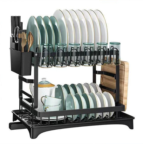 Suport de vase, pahare si tacamuri, cu scurgere, negru, 32x30x42cm