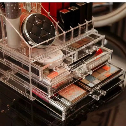 Organizator modular pentru cosmetice cu 4 sertare, transparent, 22,5x13,5x18cm