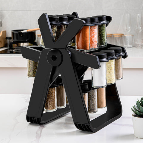 Organizator rotativ de condimente, set 18 borcane incluse, negru, 34x24x28
