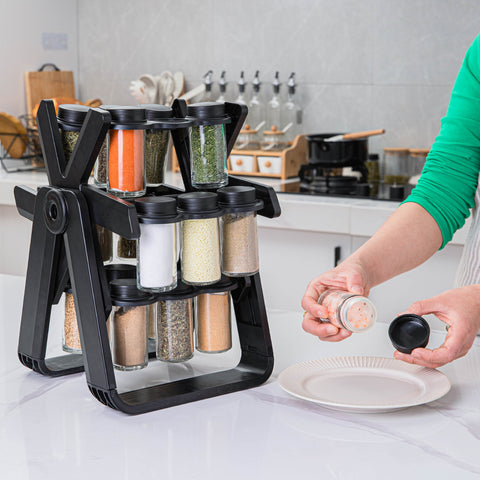 Organizator rotativ de condimente, set 18 borcane incluse, negru, 34x24x28
