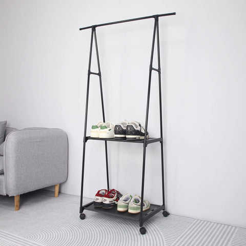 Suport de umerase triunghiular, cu doua rafturi, 4 roti, negru, 158x86x42cm