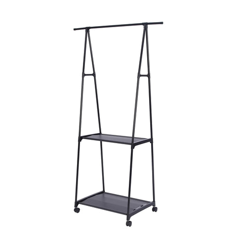 Suport de umerase triunghiular, cu doua rafturi, 4 roti, negru, 158x86x42cm