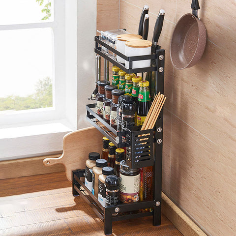 Suport vesela si condimente, cu 3 rafturi, metalic, negru, 65x33x23cm