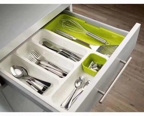 Organizator de tacamuri reglabil pentru sertar, alb cu verde, 28x36x5.5cm