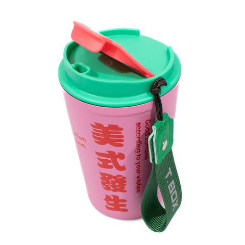 Cana termos pentru cafea, otel inoxidabil, 380ml, roz cu verde