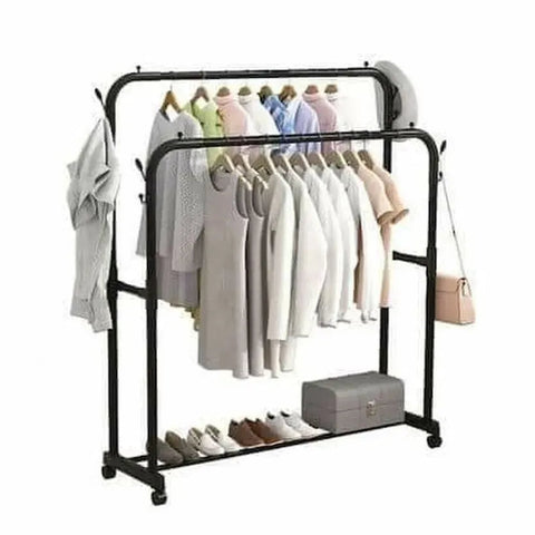 Suport dublu pentru umerase, cu raft pentru incaltaminte, negru, 155x42x98cm