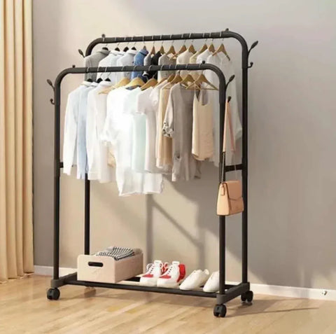 Suport dublu pentru umerase, cu raft pentru incaltaminte, negru, 155x42x98cm