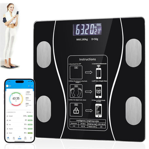 Cântar corporal inteligent premium cu analiză corporală, bluetooth si aplicatie pentru monitorizare, negru, 26x26cm