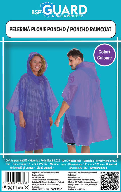 Pelerina de Ploaie - Model Poncho - Mov - BSP Guard
