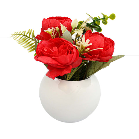 Vaza Rotunda Cu Flori, Rosu, Plastic, 17Cm