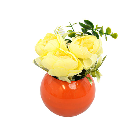 Vaza Rotunda Cu Flori, Galben, Plastic, 17Cm