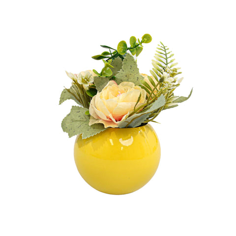 Vaza Rotunda Cu Flori, Galben cu roz, Plastic, 17Cm