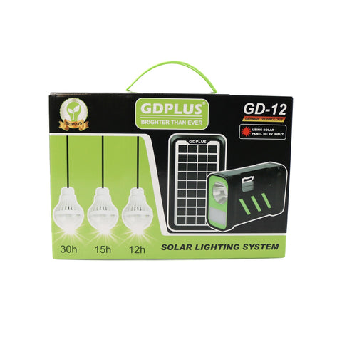 Sistem de iluminat solar cu lanterna GDPLUS, 3 becuri led, incarcare USB, GD-12