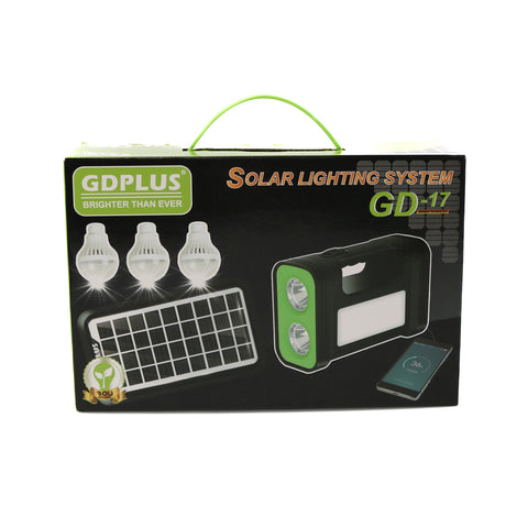 Sistem de iluminat solar GDPLUS, 3 becuri LED, cablu de incarcare 5-in-1,  cablu de alimentare, GD-17