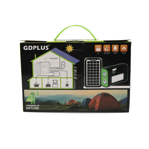 Sistem de iluminat solar GDPLUS, 3 becuri LED, cablu de incarcare 5-in-1,  cablu de alimentare, GD-17