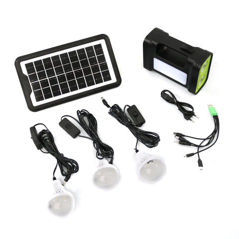 Sistem de iluminat solar GDPLUS, 3 becuri LED, cablu de incarcare 5-in-1,  cablu de alimentare, GD-17