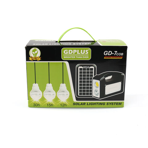Sistem de iluminat solar GDPLUS, 3 becuri LED, unitate principala/baterie cu lanterna,USB, cablu de incarcare 220V, GD-7COB