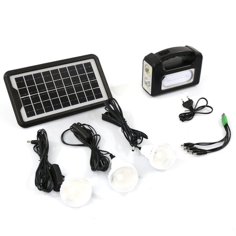 Sistem de iluminat solar GDPLUS, 3 becuri LED, unitate principala/baterie cu lanterna,USB, cablu de incarcare 220V, GD-7COB