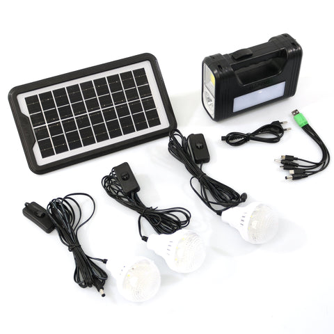 Sistem de iluminat solar GDPLUS cu 3 becuri, lanterna si incarcator USB, portabil, GD-8017COB