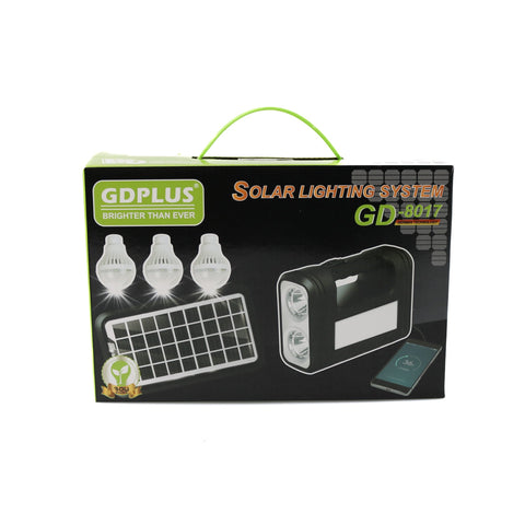 Sistem de iluminat solar GDPLUS cu 3 becuri, lanterna si incarcator USB, GD-8017