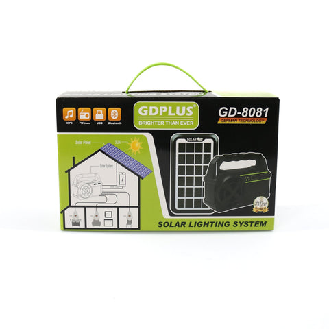 Sistem de iluminat solar GDPLUS cu lanterna, 3 becuri LED si Radio/Bluetooth, GD-8081